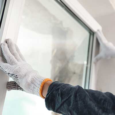 Close up of a worker's hands with gloves installing a new window